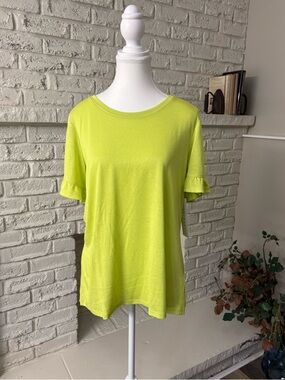 Tribal-NWT-Neon Lime-Ruffled Short Sleeve Tee Size Large(repaired micro flaw)